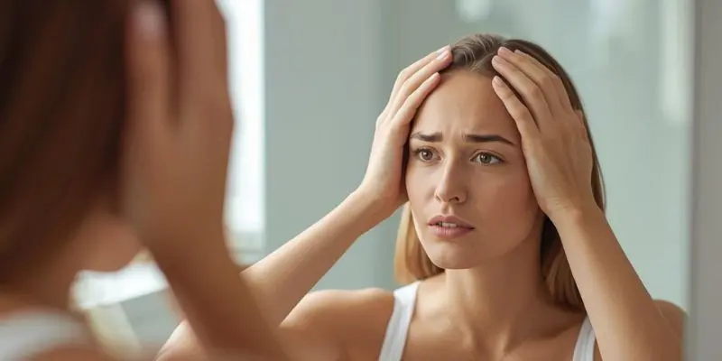 Person Checking Irritated Scalp In Mirror With Concerned Expression