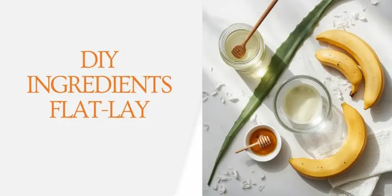 Diy Ingredients Flat Lay Diy Overnight Hair Mask Ingredients Including Coconut Oil, Aloe Vera, Banana, And Raw Honey On White Marble Surface
