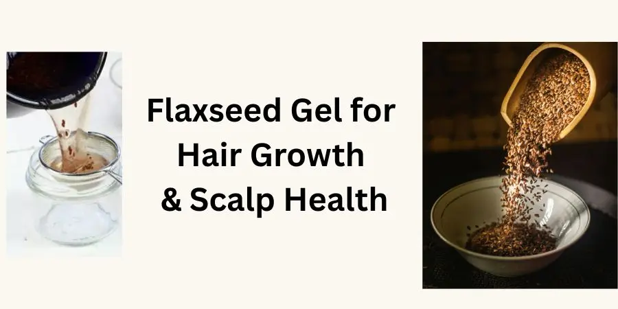 Flaxseed gel in bowl next to flax seeds and vitamin capsules for hair growth and scalp care