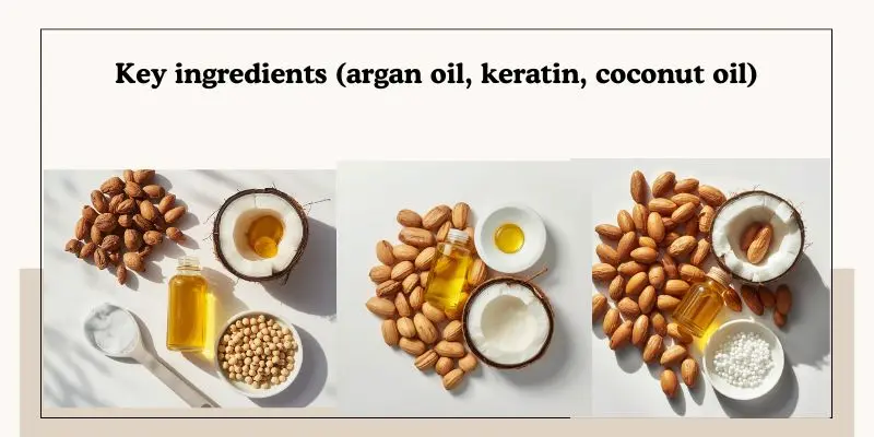 Key Ingredients Argan Oil Keratin Coconut Oil Argan Oil, Coconut, And Keratin-Themed Haircare Ingredients Arranged Neatly