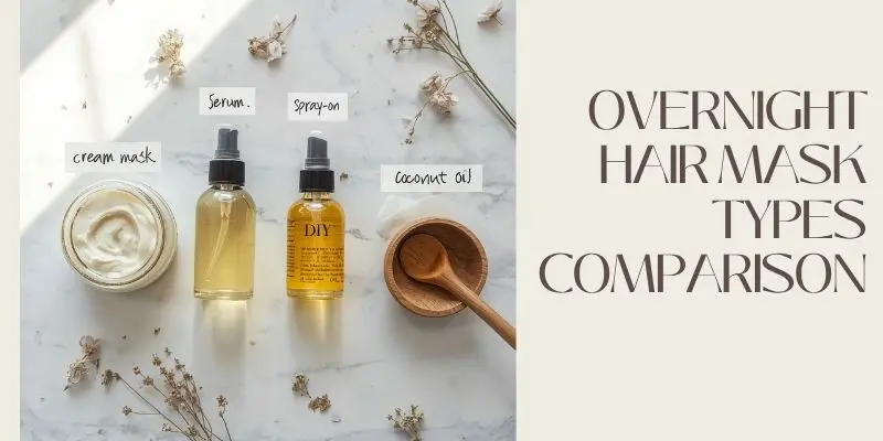 Overnight Hair Mask Types Comparison Four Types Of Overnight Hair Mask Formats Compared: Cream Mask, Serum, Spray-On Formula, And Diy Blend On White Marble