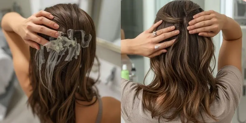 Photorealistic Over The Shoulder Shot Of A Person Applying A Creamy Aloe Based Hair Mask To Damp Mid Lengths And Ends Hair Clipped Into Sections Wearing A Neutral Top. Bathroom Setting Soft Lig Patch Testing Aloe Vera Gel Before Using It On Hair And Scalp