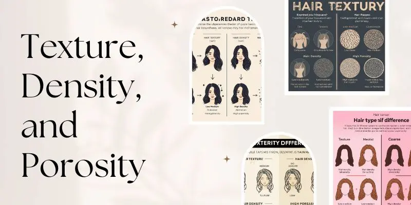 Create An Educational Infographic That Explains The Difference Between Hair Type, Hair Texture, Hair Density, And Hair Porosity. Use Side-By-Side Examples With Simple Illustrations. Show Fine, Medium, And Coarse Strands For Texture; Low, Medium, And High Density For Fullness; And Low, Medium, And High Porosity For Moisture Absorption. Keep The Design Modern, Minimal, And Easy To Understand For A Beauty Website.