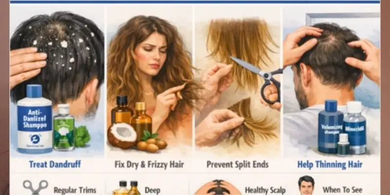 Common Hair Problems And Solutions Collage Showing Dandruff Flakes, Dry Frizzy Ends, Split‑End Trimming, And A Thinning Crown With Product Icons And Treatment Tips.